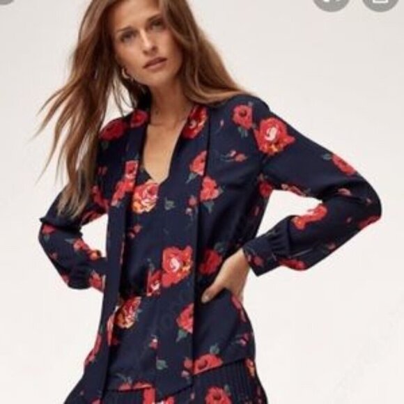 Aritzia Babaton Lucas Floral Print Blouse With Neck Ties Size XS - Picture 1 of 9